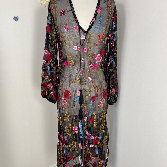 Semi Sheer Floral Embroidered Boho Maxi Dress Size Small/Medium - Picture 7 of 11